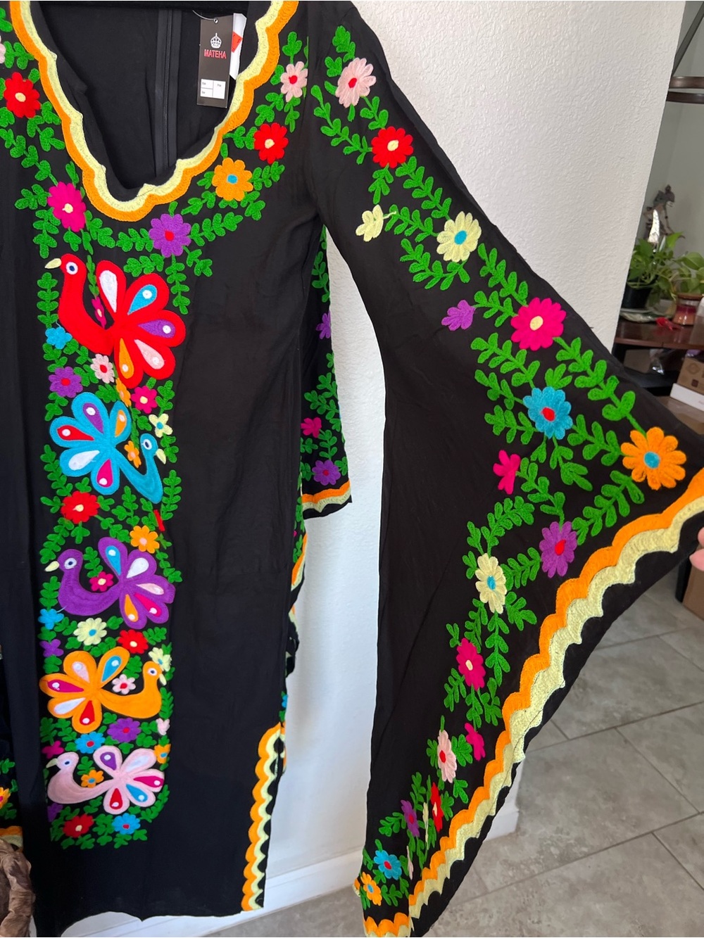 Embroidered Black Maxi Dress with Multicolor Floral & Peacock sz Sm - Picture 4 of 9